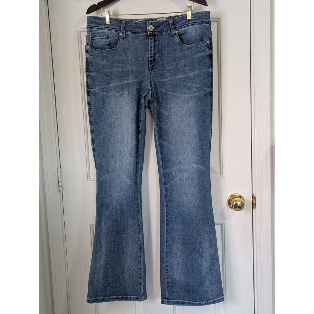 Seven7 Boot Cut Jeans Womens 12 Blue Denim Mid Rise Stretch Embroidered Pockets
